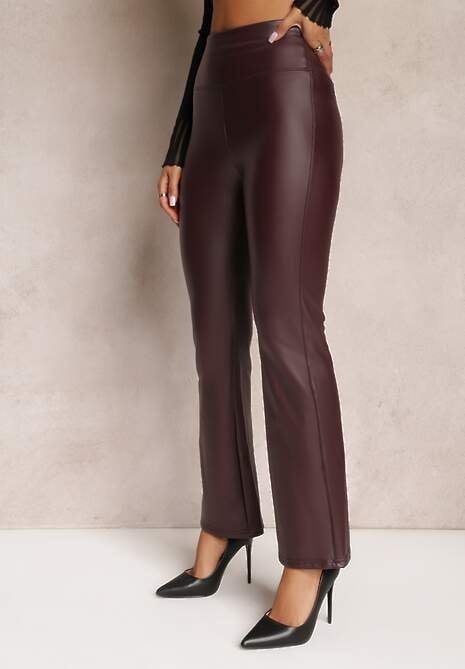 Bordowe Spodnie o Fasonie Dzwonów z Ekoskóry i z Gumką w Pasie Dawi