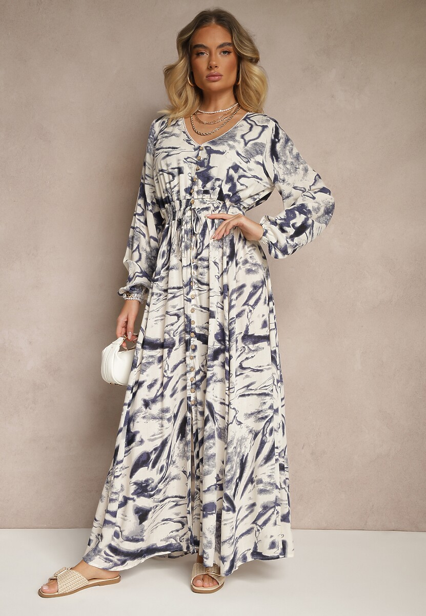 Niebieska Rozkloszowana Sukienka z Wiskozy w Abstrakcyjny Wzór z Gumką w Pasie Felpio