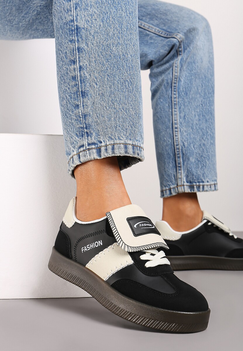 Czarne Sneakersy na Platformie z Kontrastującymi Detalami i Wywiniętym Językiem Amirila