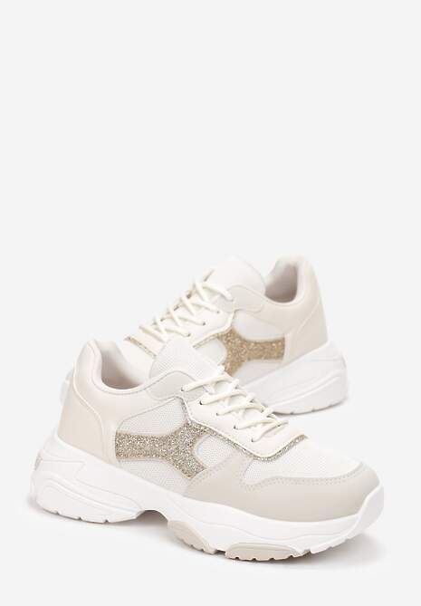 Beżowe Sneakersy na Grubej Podeszwie z Brokatowymi Wstawkami Adilah