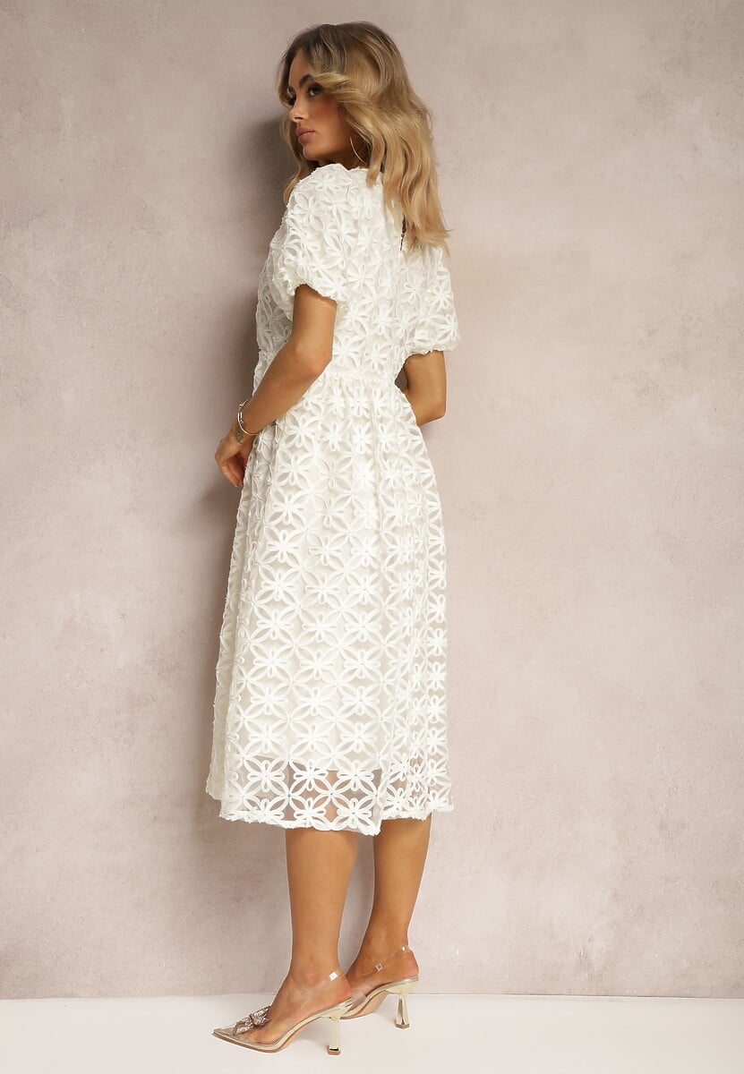 Beżowa Sukienka z Tiulem we Wzory o Rozkloszowanym Fasonie Zorbia