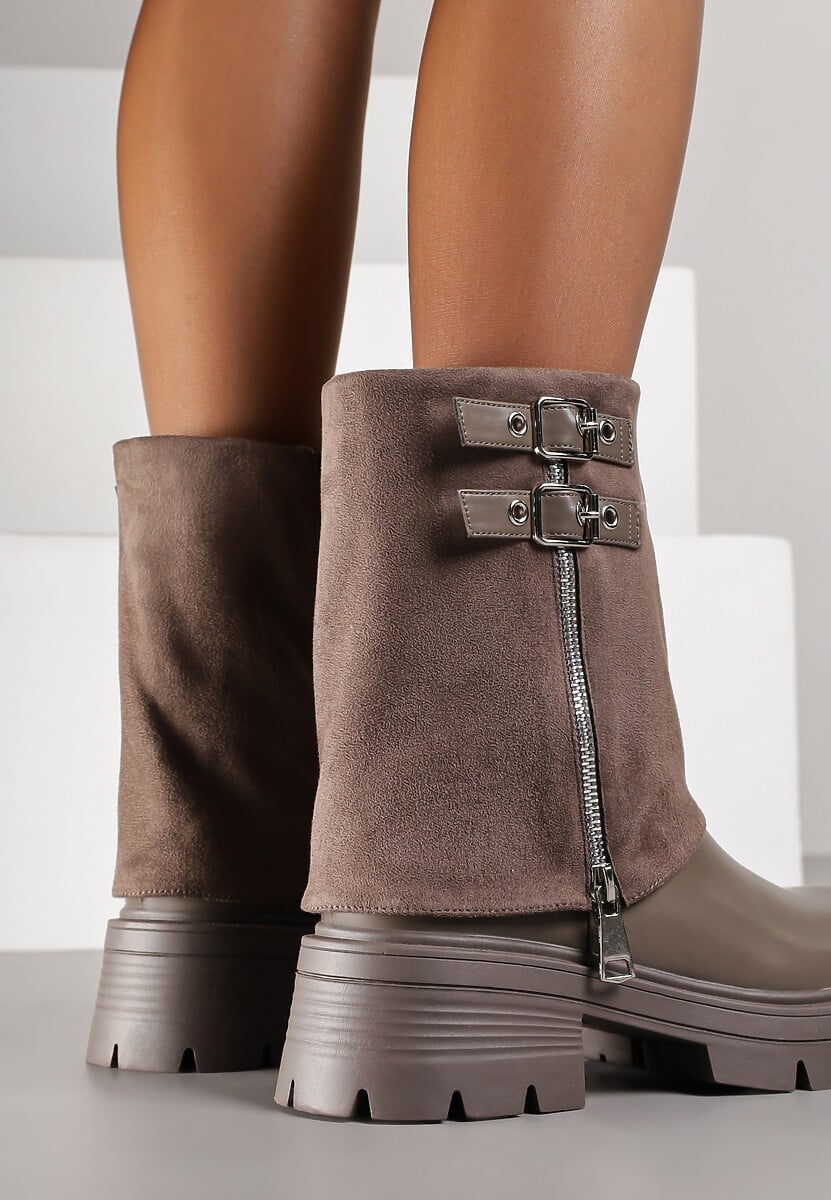 Brązowo-Szare Skórzane Botki Bikery Ozdobione z Wywiniętą Cholewką Klamrami i Suwakiem Adirrive