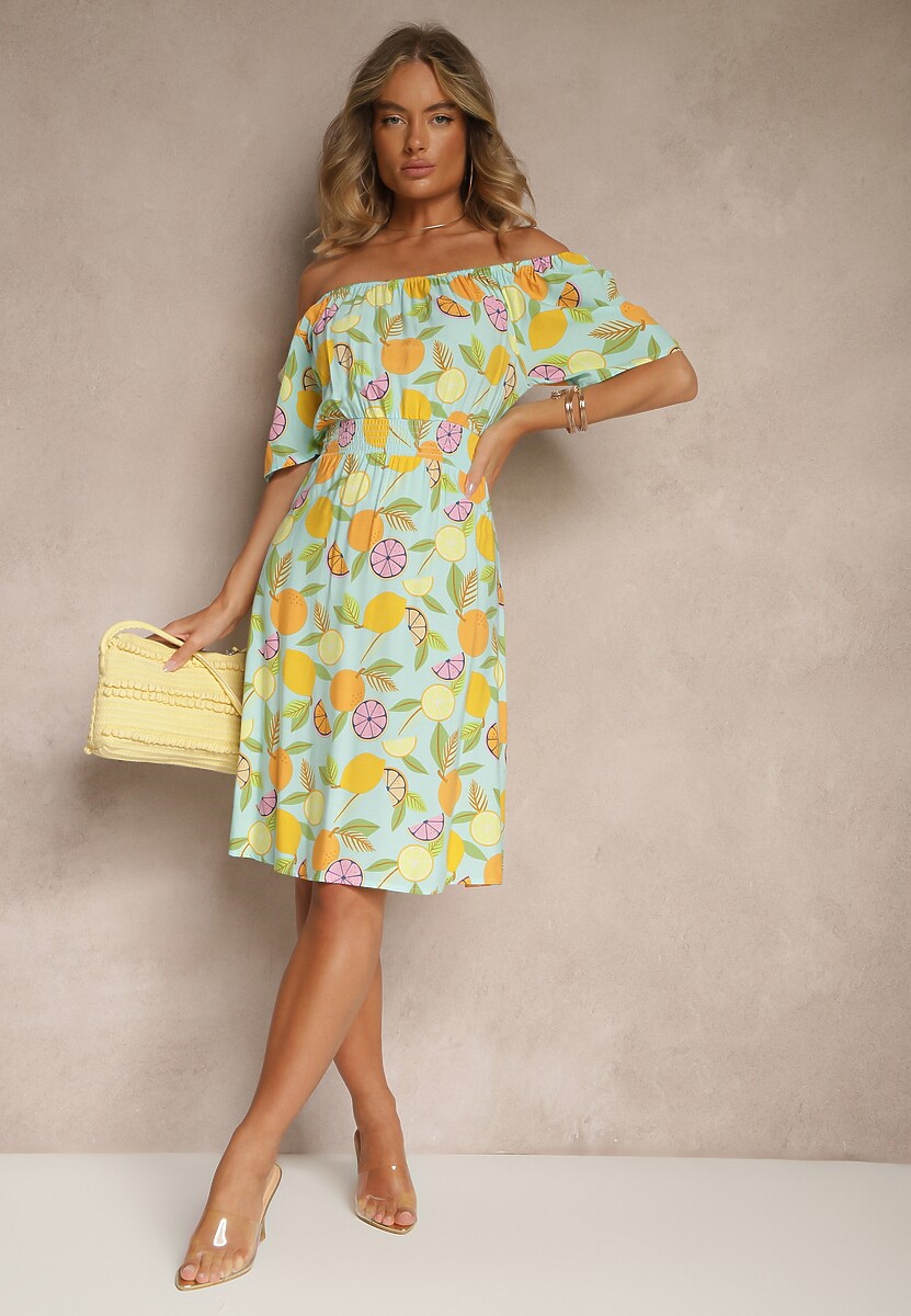 Jasnoniebieska Sukienka Typu Hiszpanka z Bawełną ze Wzorem Cytrusów Aprona