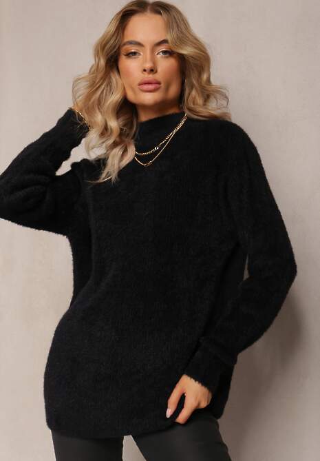 Czarny Puchaty Golf z Długim Rękawem i Ściągaczami Caelina