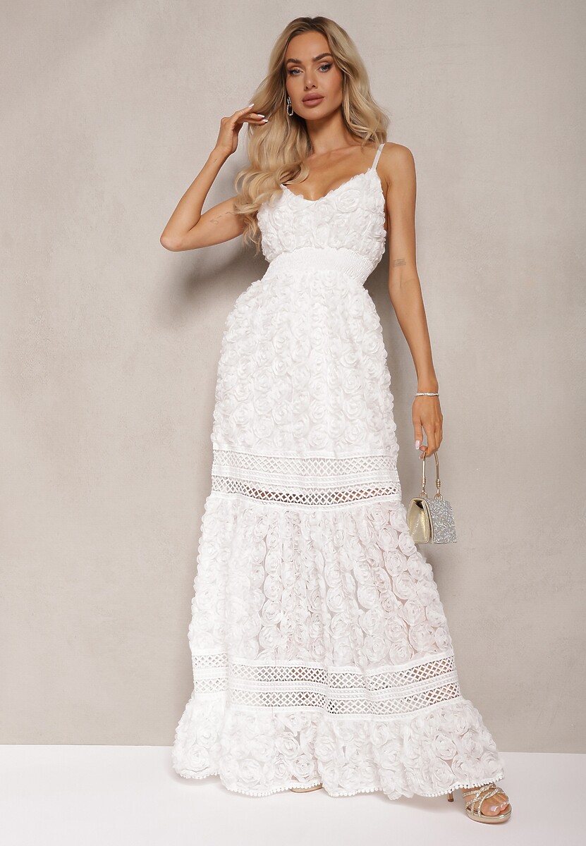 Biała Sukienka Koktajlowa z Motywem Kwiatów na Regulowanych Ramiączkach z Gumką w Talii Navitha