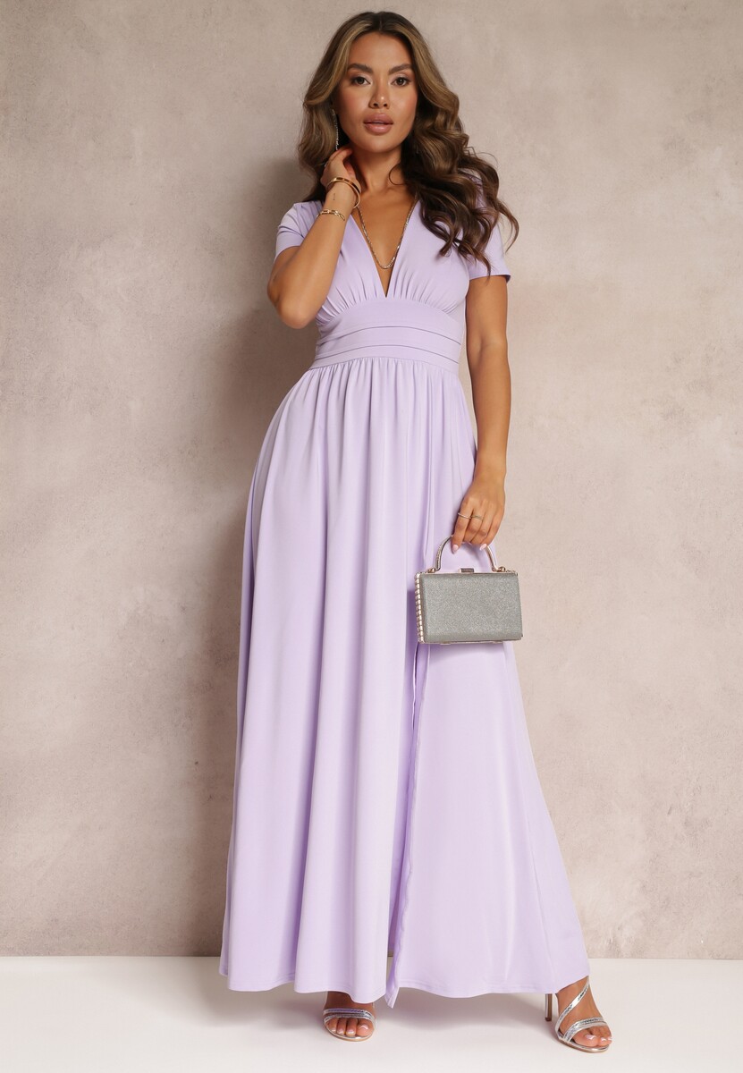 Fioletowa Sukienka Maxi z Rozkloszowanym Dołem i Rozcięciem Zarya