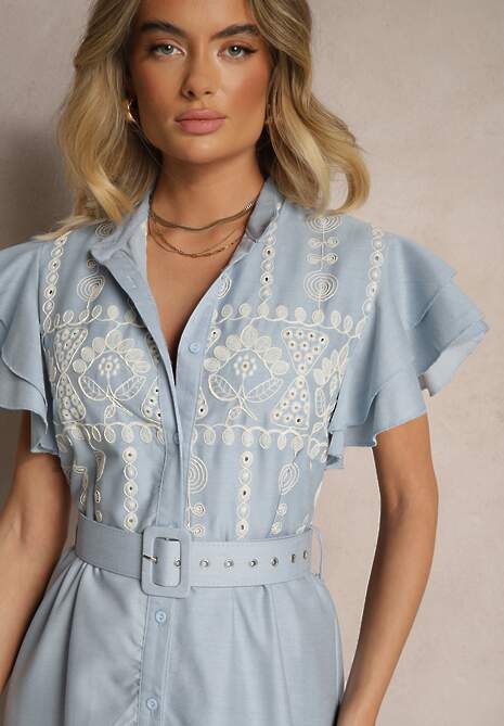 Niebieska Rozkloszowana Sukienka w Stylu Boho z Paskiem Zdobiona Haftem Falbanami Vallsara