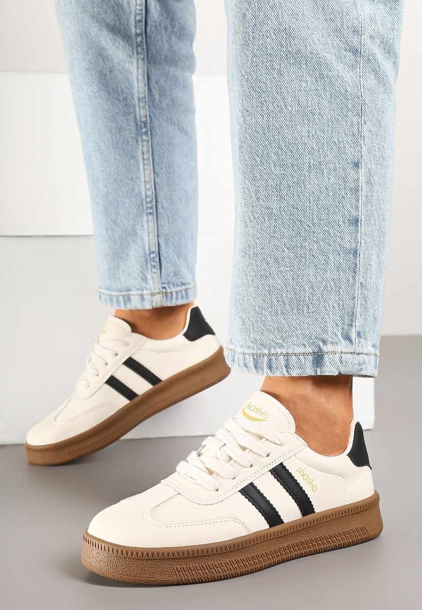 Beżowo-Czarne Sneakersy Sportowe z Ozdobnymi Paskami i Przeszyciami Wenilan