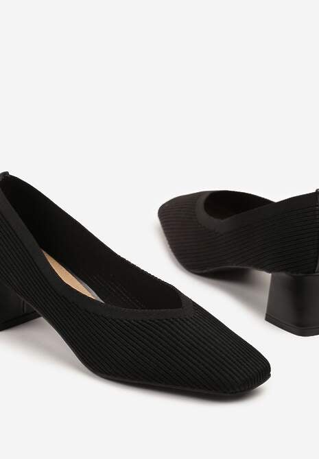 Czarne Prążkowane Czółenka na Słupkowym Obcasie Fenellin