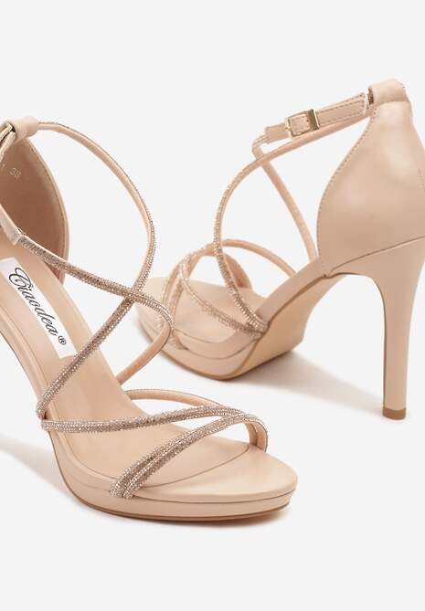 Beżowe Sandały Szpilki z Paseczkami Ozdobionymi Cyrkoniami Eladriela