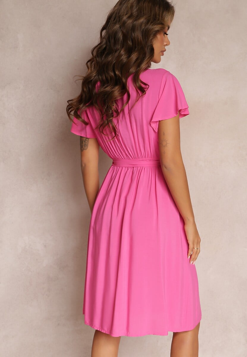 Fuksjowa Rozkloszowana Sukienka Midi z Wiązanym Paskiem Elemia