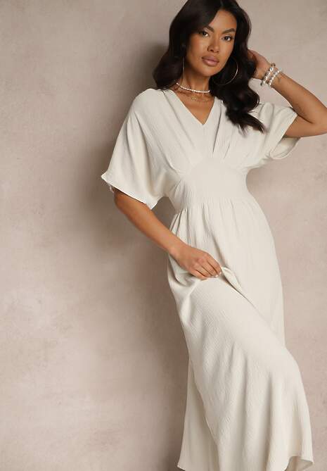 Jasnobeżowa Sukienka z Bawełną i Marszczoną Górą Filaviela