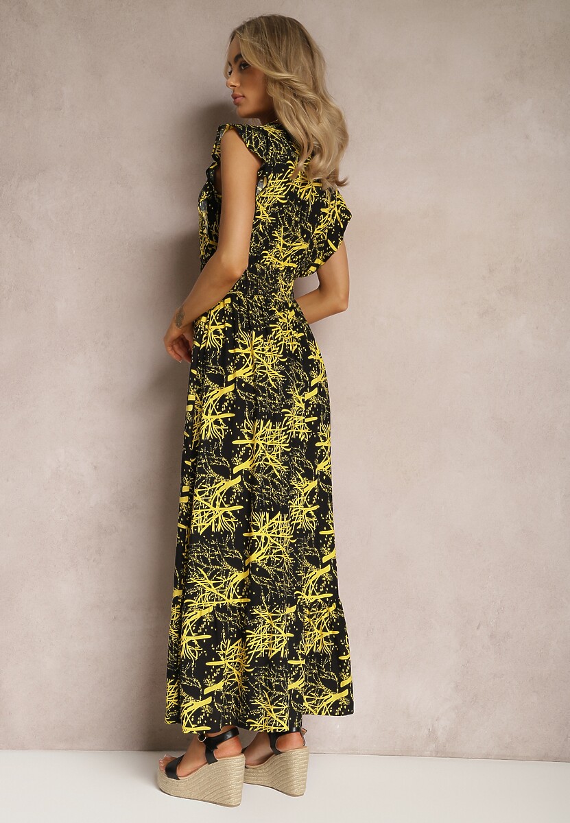 Czarna Rozkloszowana Sukienka z Wiskozy Maxi z Kopertowym Dekoltem Luksia