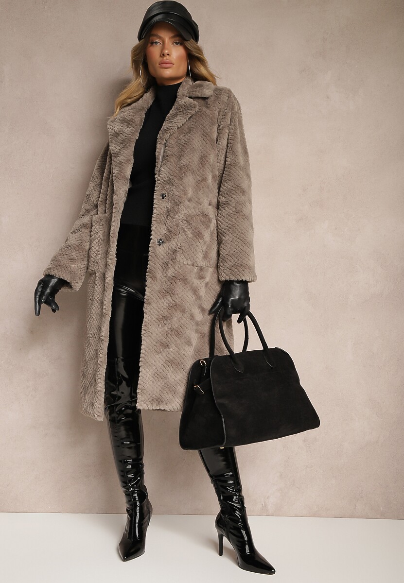 Szary Futrzany Płaszcz Ozdobiony Pikowaniem i Wsuwanymi Kieszeniami Vertissa