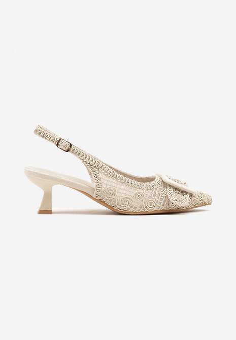 Beżowe Sandały na Kaczuszce Typu Slingback Ozdobione Plecionką i Klamrą Elivrella