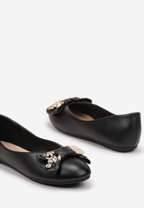 Czarne Płaskie Balerinki Ozdobione Misiem i Kokardą Worevelis