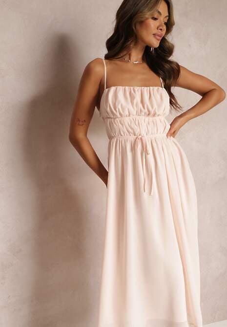 Różowa Sukienka o Rozkloszowanym Kroju na Ramiączkach z Wiązaniem Lunarea