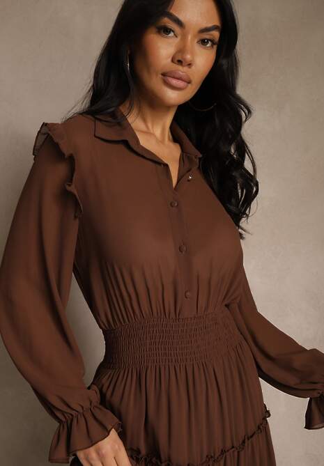 Brązowa Sukienka VICES Koszulowa z Falbaną w Rustykalnym Stylu Arivite