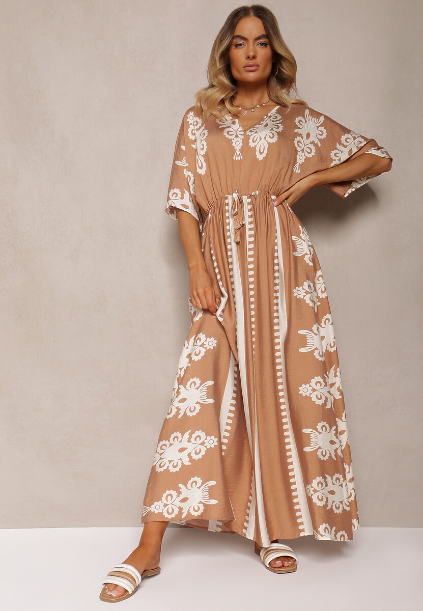 Zielona Sukienka Taliowana z Bawełny z Gumką w Pasie Rivaq