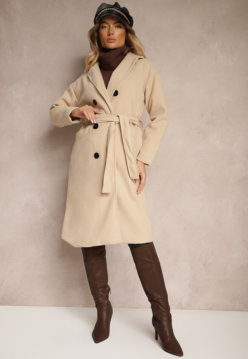 Jasnobeżowy Płaszcz Dwurzędowy Wiązany Meollie