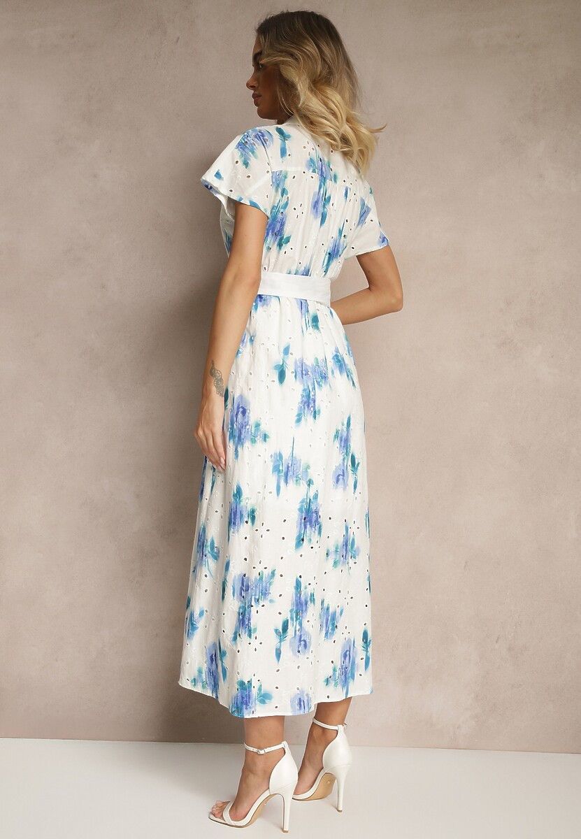 Biało-Niebieska Bawełniana Sukienka z Ażurowym Zdobieniem o Koszulowym Kroju z Paskiem Velpio