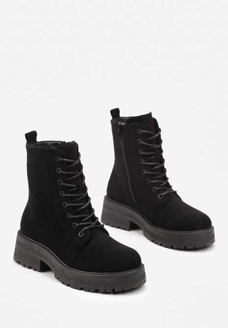 Czarne Sznurowane Botki na Grubej Podeszwie Vagala