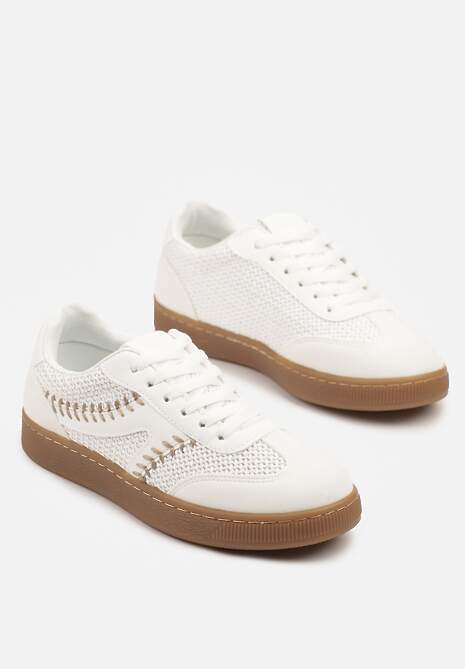 Białe Sneakersy w Stylu Klasycznych Tenisówek Zdobione Przeszyciami i Tweedem Koriznne