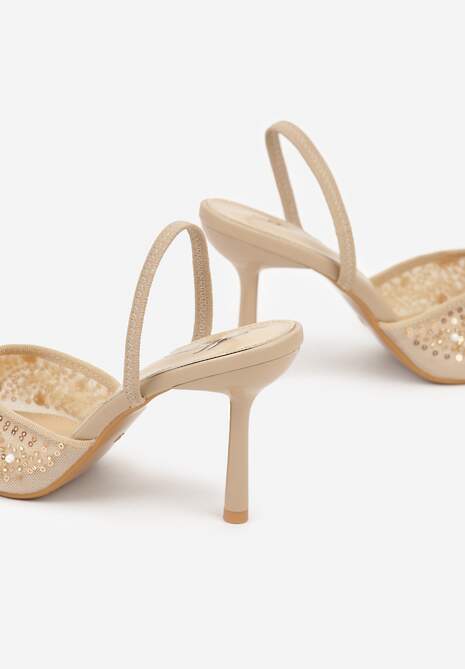 Ciemnobeżowe Szpilki Slingback Zdobione Perełkami i Cekinami Irifera