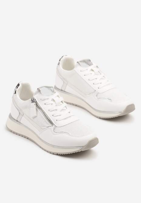 Białe Sneakersy Ozdobione Suwakiem i Metalicznymi Wstawkami Alua