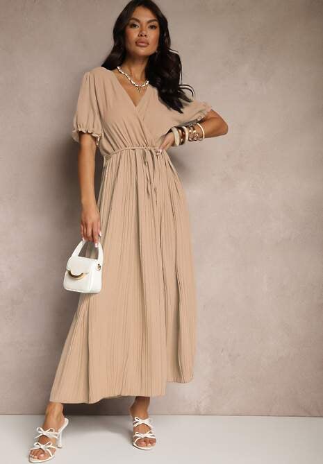 Beżowa Sukienka z Bawełną Ozdobiona Kopertowym Dekoltem i Paskiem Grellevia