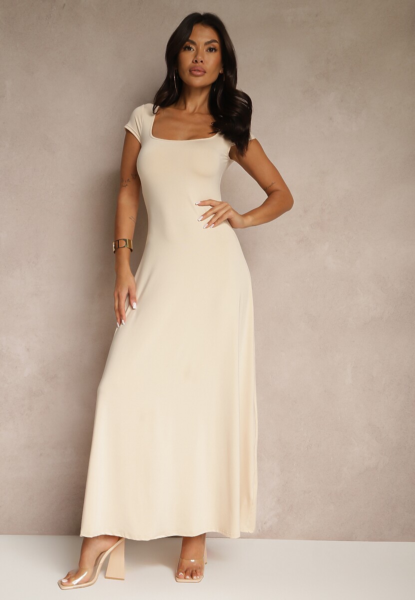 Jasnobeżowa Rozkloszowana Sukienka z Wiskozą z Kwadratowym Dekoltem Nalorina