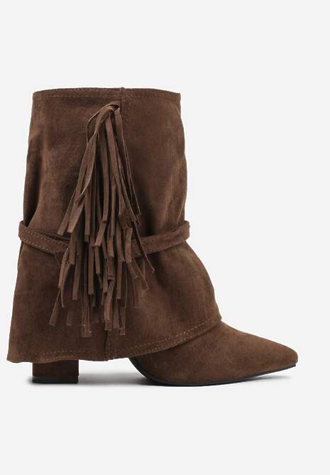 Brązowe Botki Boho z Cholewką Imitującą Nogawkę i Frędzlami Zaslie