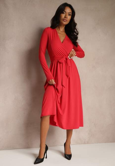 Czerwona Taliowana Sukienka z Paskiem z Domieszką Wiskozy Hrestalia