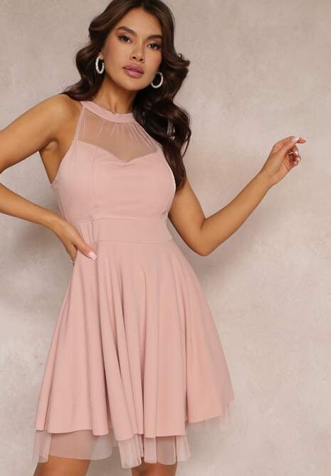 Różowa Sukienka Rozkloszowana z Tiulową Wstawką Leonela