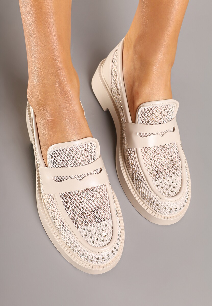 Beżowe Mokasyny przed Kostkę Ozdobione Cyrkoniami i Siateczką Senareth