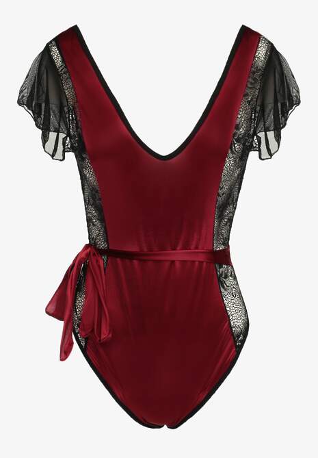Bordowe Satynowe Body z Koronką i Paskiem w Talii Lierie