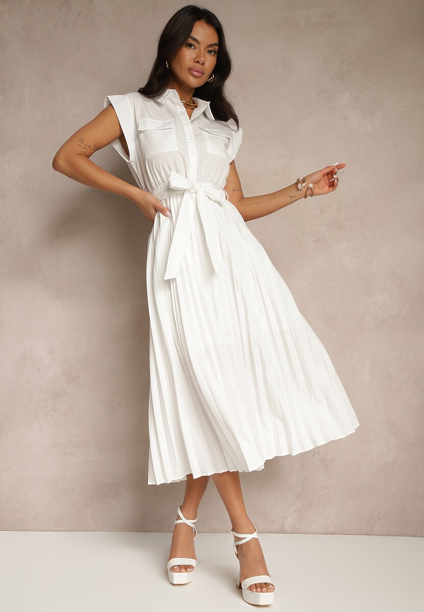 Granatowa Sukienka Plisowana z Bawełną Ozdobiona Paskiem Lirabelle