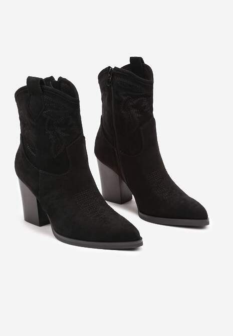 Czarne Brokatowe Botki Kowbojki na Słupku Remirra
