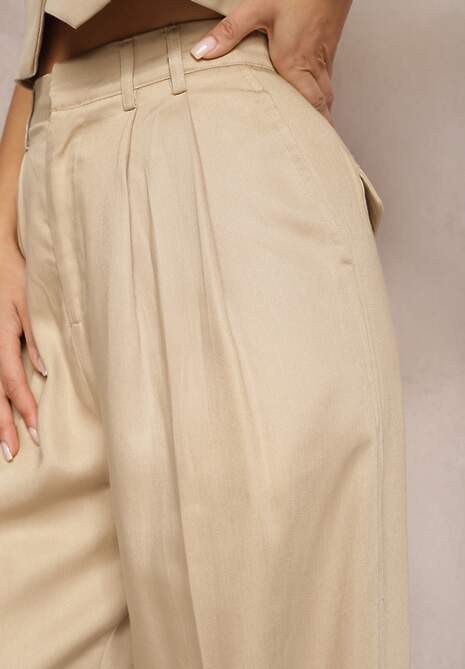 Beżowe Szerokie Spodnie High Waist z Kieszeniami Keanne