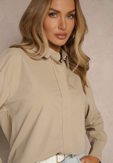 Ciemnobeżowa Koszula z Wiskozą w Klasycznym Stylu Lisarila