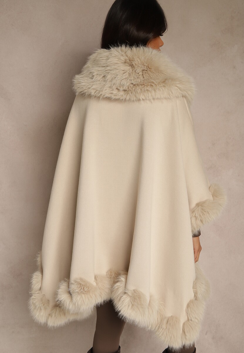 Beżowe Ponczo z Wełną i Wiskozą Obszyte Futerkiem Tevissa