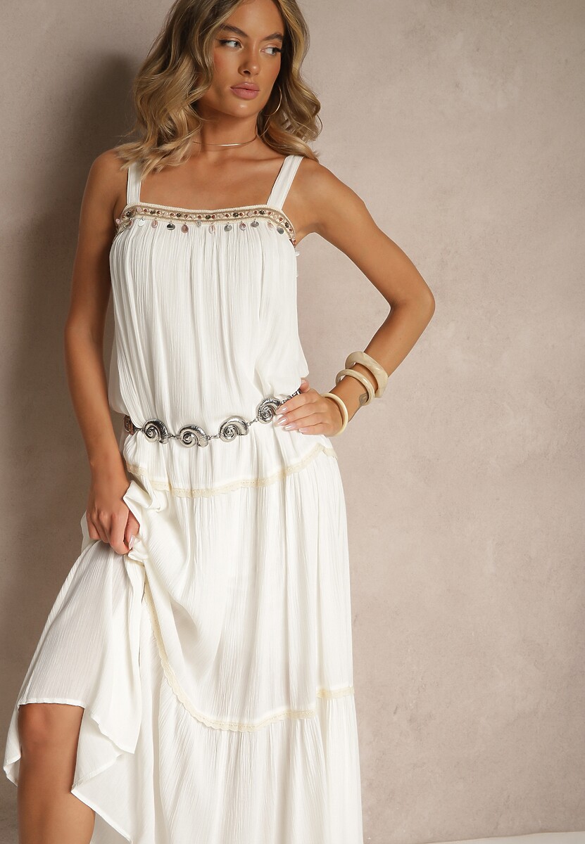 Biała Rozkloszowana Sukienka z Wiskozy z Metalicznymi Aplikacjami Sevinda