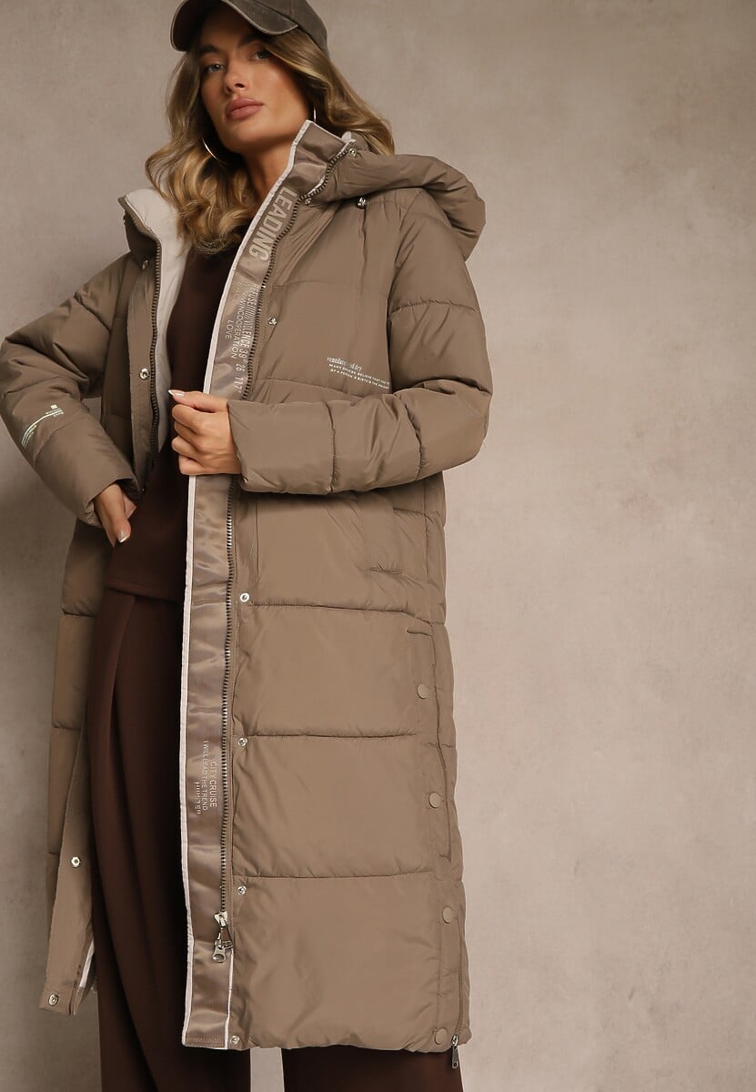 Brązowa Pikowana Kurtka o Długim Kroju z Kapturem i Suwakami po Bokach Tevitte