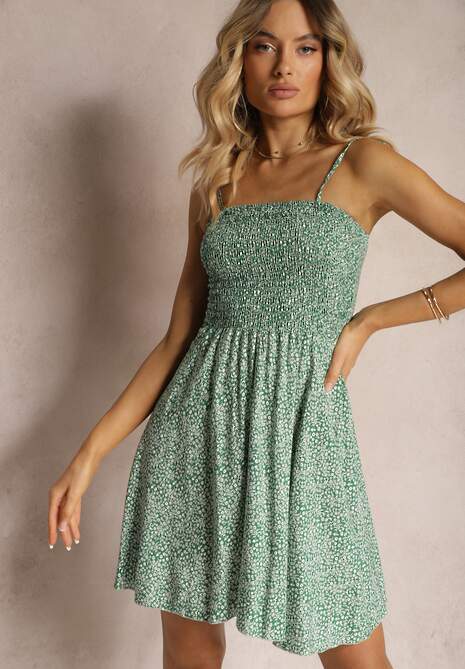 Zielona Rozkloszowana Sukienka na Ramiączkach z Bawełny w Kwiaty z Wiązaniem na Plecach Nelsira