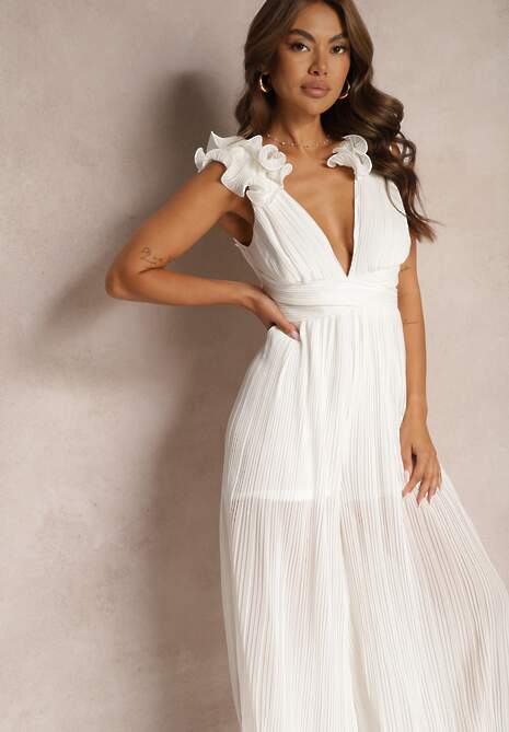 Biały Taliowany Koktajlowy Kombinezon z Szerokimi Nogawkami Ozdobiony Falbanami Gealfrea