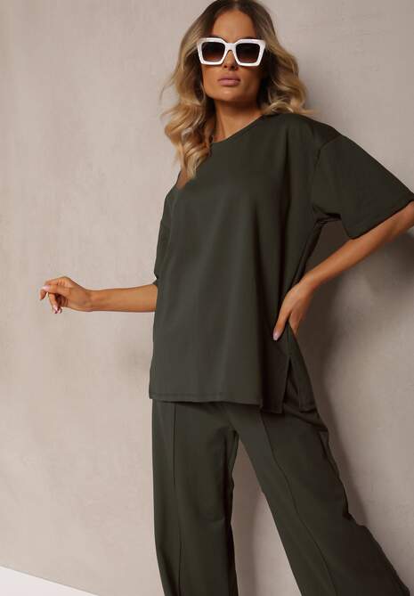 Ciemnozielony Komplet z Bawełny Proste Szerokie Spodnie z Gumką w Pasie Bluzka z Rozcięciami Vimarases