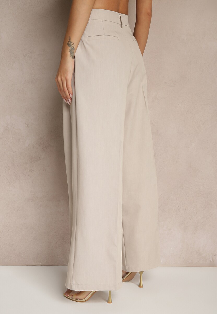 Jasnobeżowe Garniturowe Spodnie z Wiskozą o Szerokim Kroju z Zakładkami Galaniel