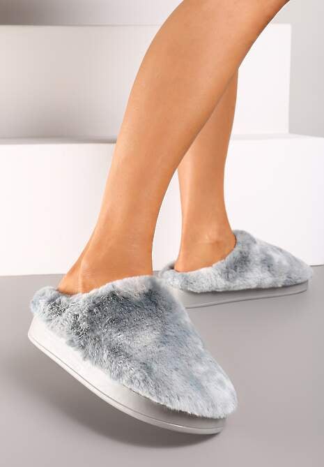 Szare Kapcie na Płaskiej Podeszwie z Futerkiem Leranna