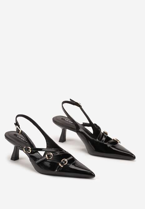 Czarne Czółenka Lakierowane na Kaczuszce Peep Toe Ozdobione Paskami i Sprzączkami Labitha
