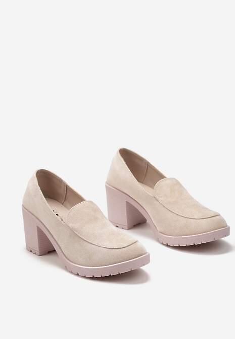 Beżowe Półbuty Mokasyny z Imitacji Zamszu na Słupku z Niską Platformą Lndine